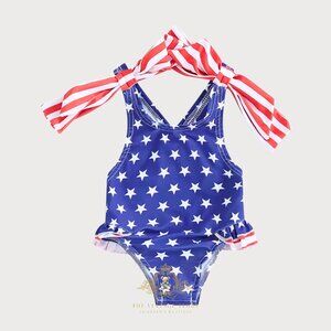 NWT Pretty Girls One-Piece Swimsuit Kids Swimwear July 4th Stars & Stripes 5-6T